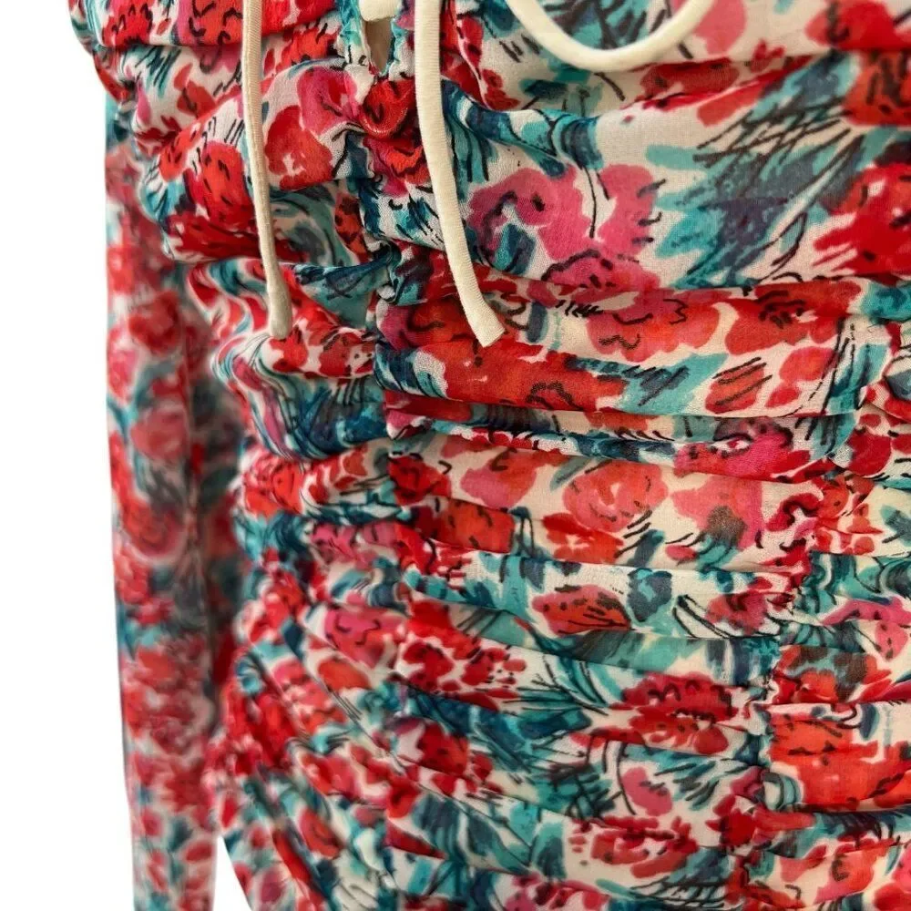 Free People Mabel Printed Floral Smocked Balloon Sleeve Blouse Red Size Medium